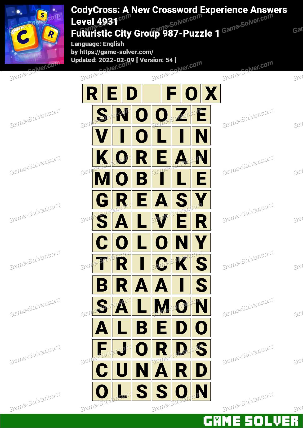 CodyCross Futuristic City Group 987-Puzzle 1 Answers • Game Solver
