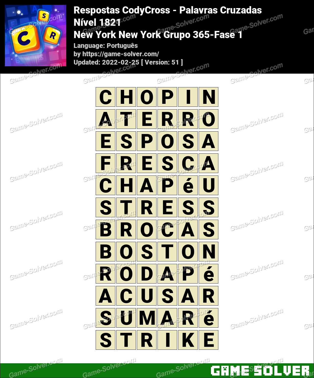 Respostas CodyCross New York, New York! Grupo 365-Fase 1 • Game Solver