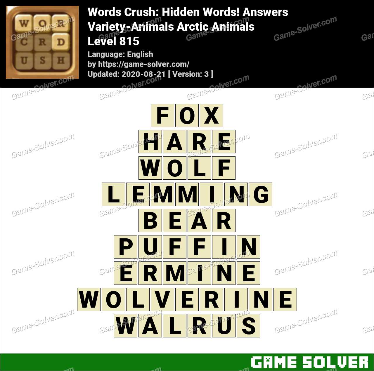 Words Crush Variety Animals Arctic Animals Answers Game Solver
